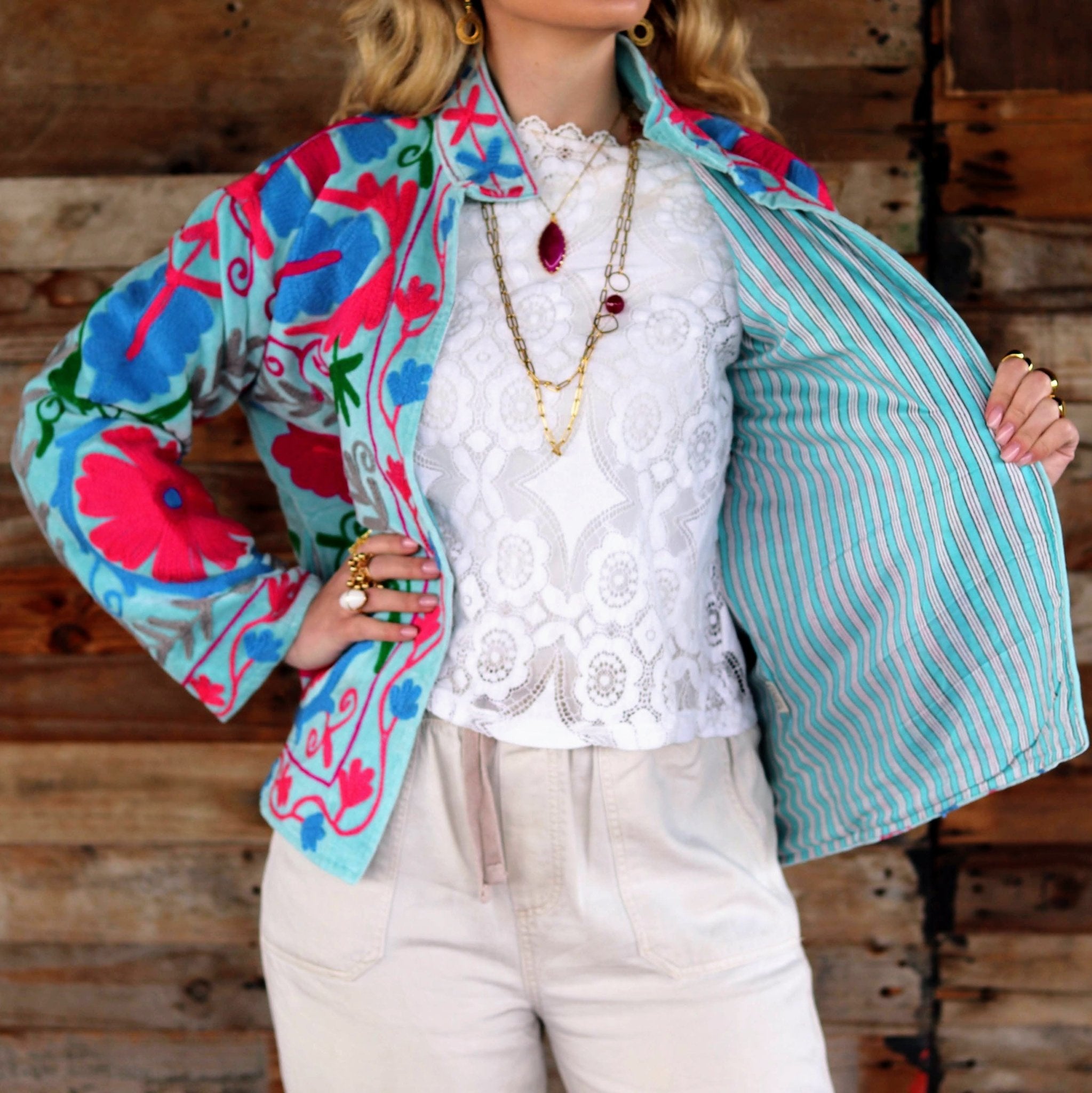 Velvet Suzani Jacket in Aqua Splash- Handmade Jewellery - i am boho