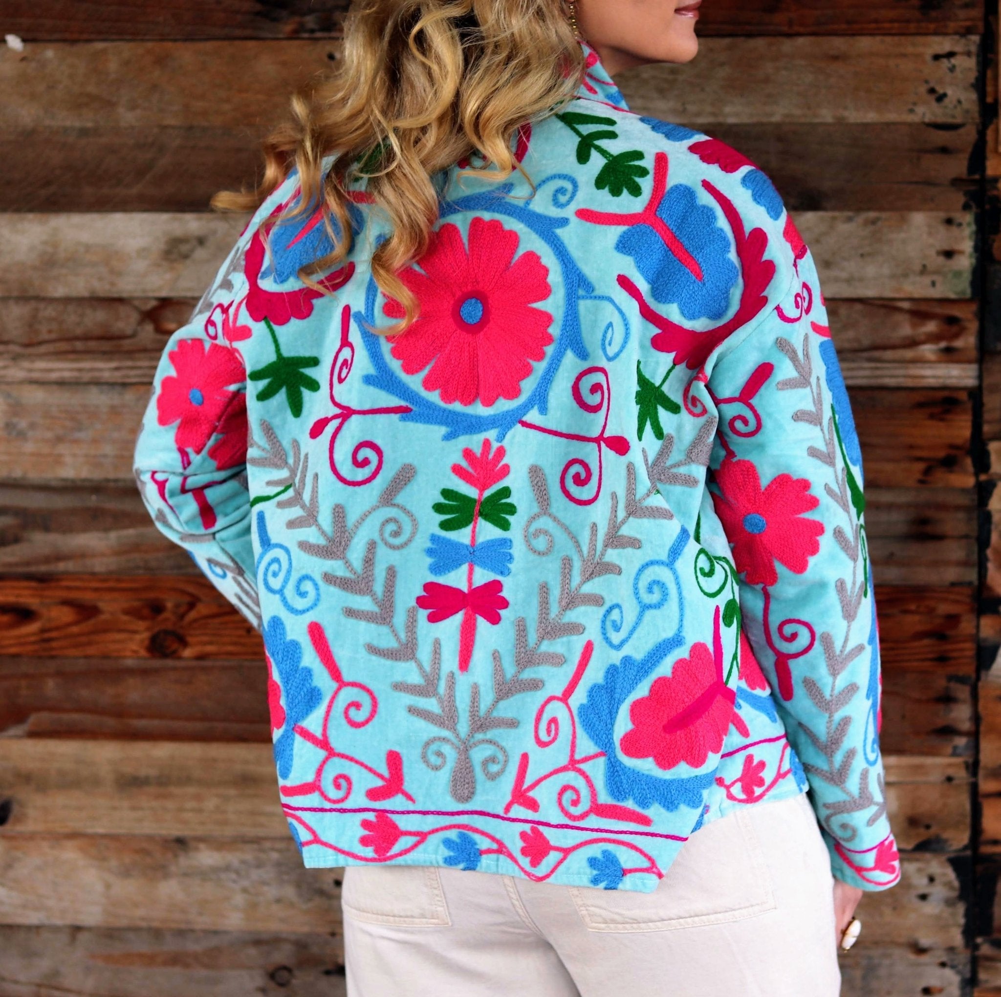 Velvet Suzani Jacket in Aqua Splash- Handmade Jewellery - i am boho