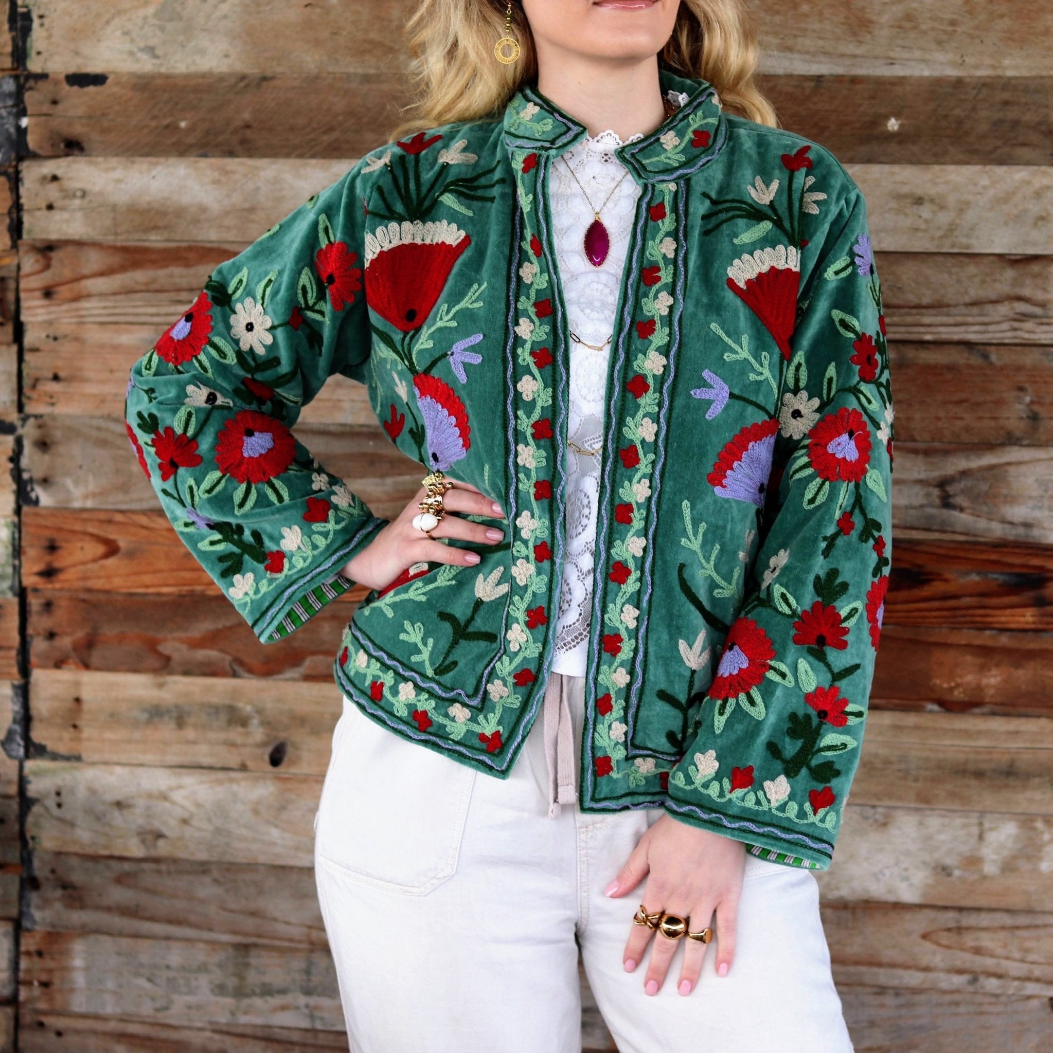 Velvet Suzani Jacket in Hunter Green- Handmade Jewellery - i am boho