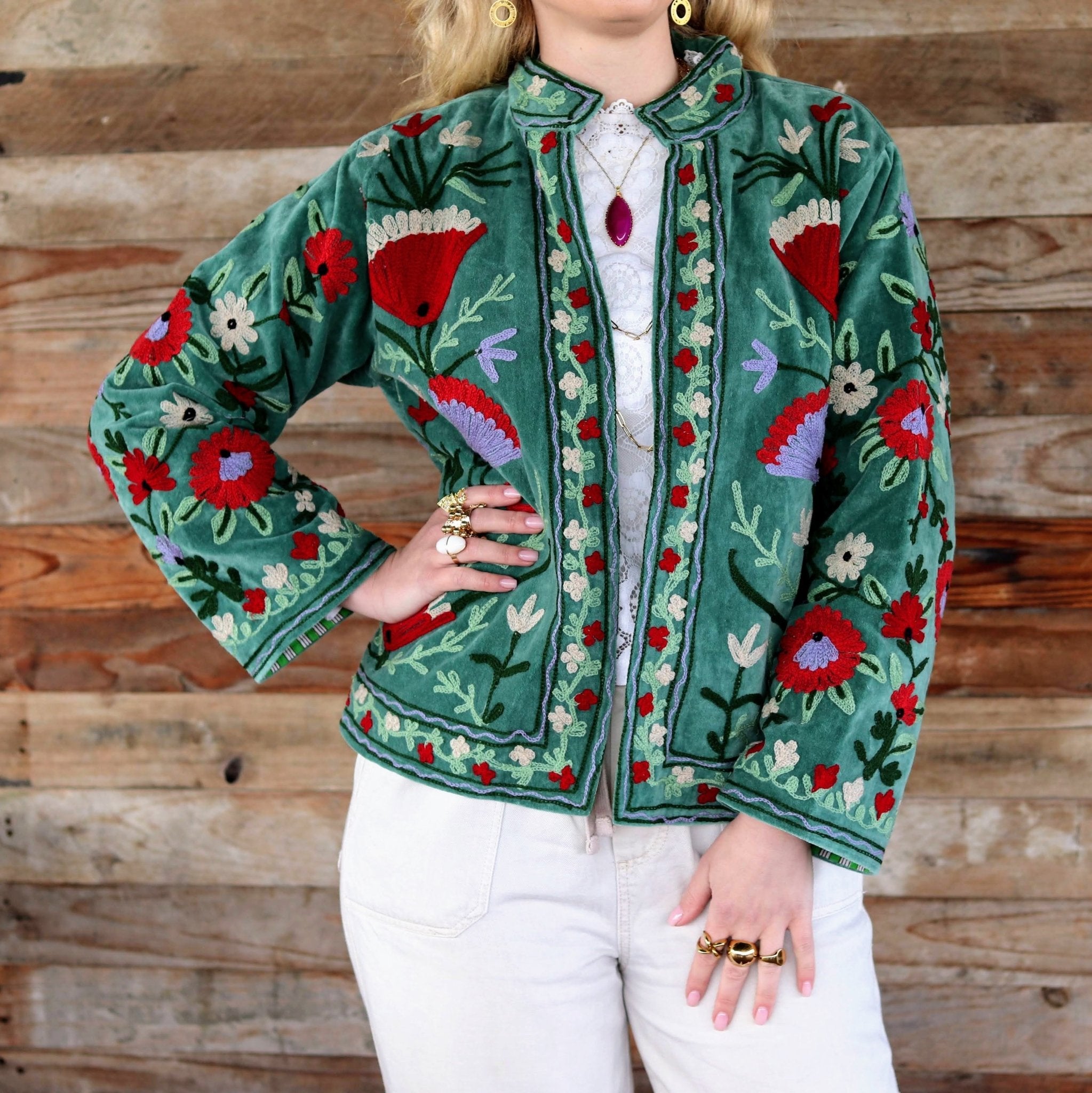 Velvet Suzani Jacket in Hunter Green- Handmade Jewellery - i am boho
