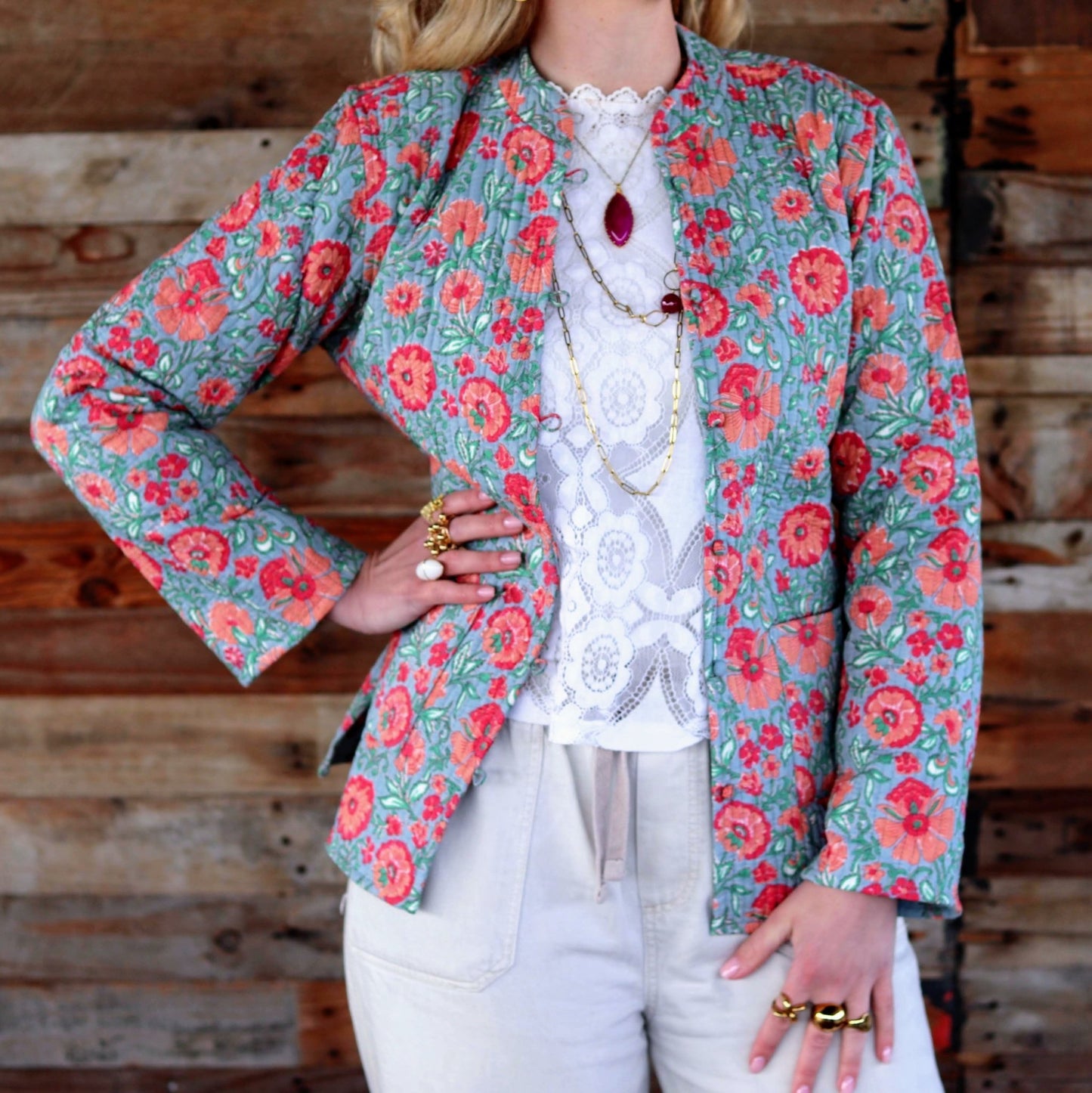 Reversible Jacket in Peachy Botanical- Handmade Jewellery - i am boho