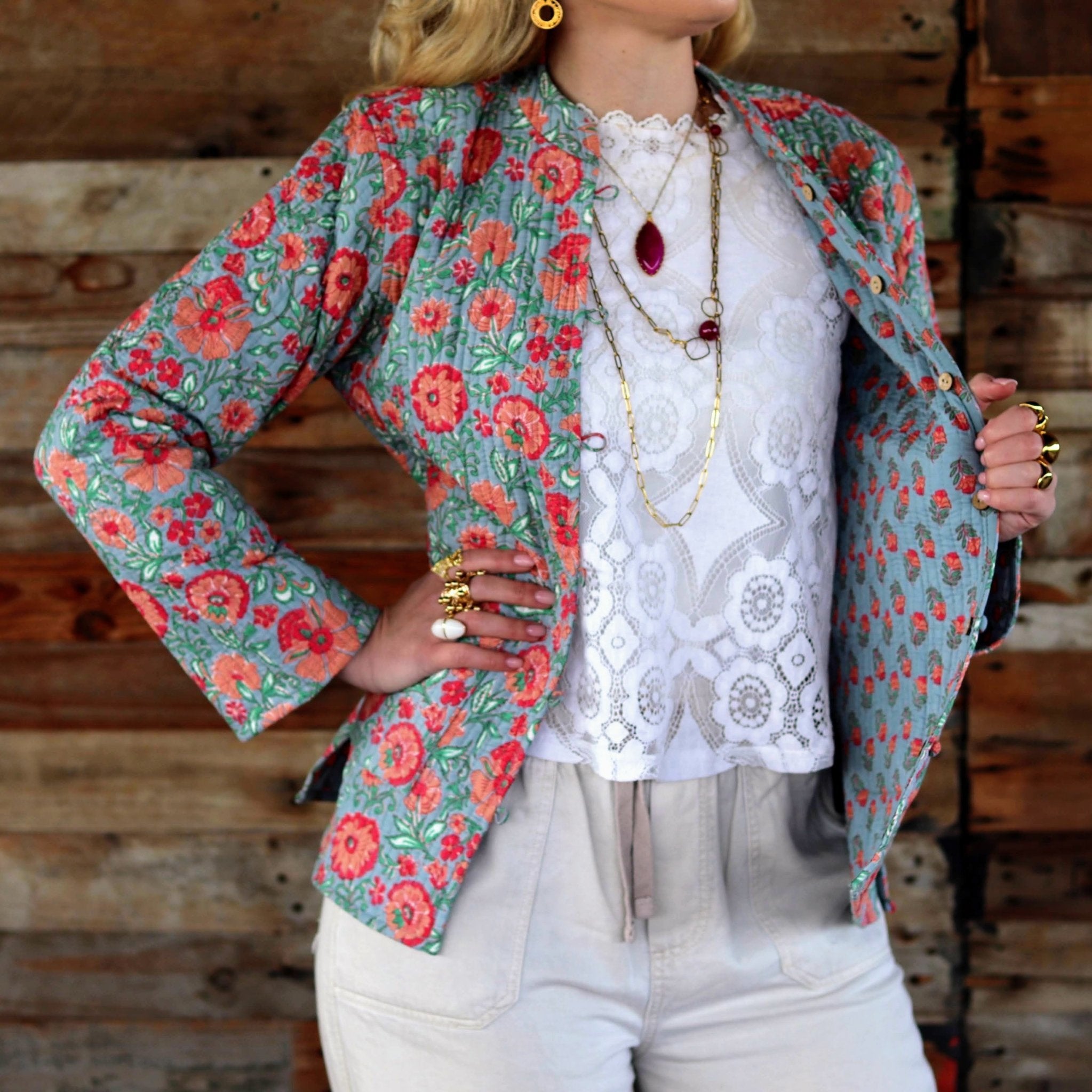 Reversible Jacket in Peachy Botanical- Handmade Jewellery - i am boho