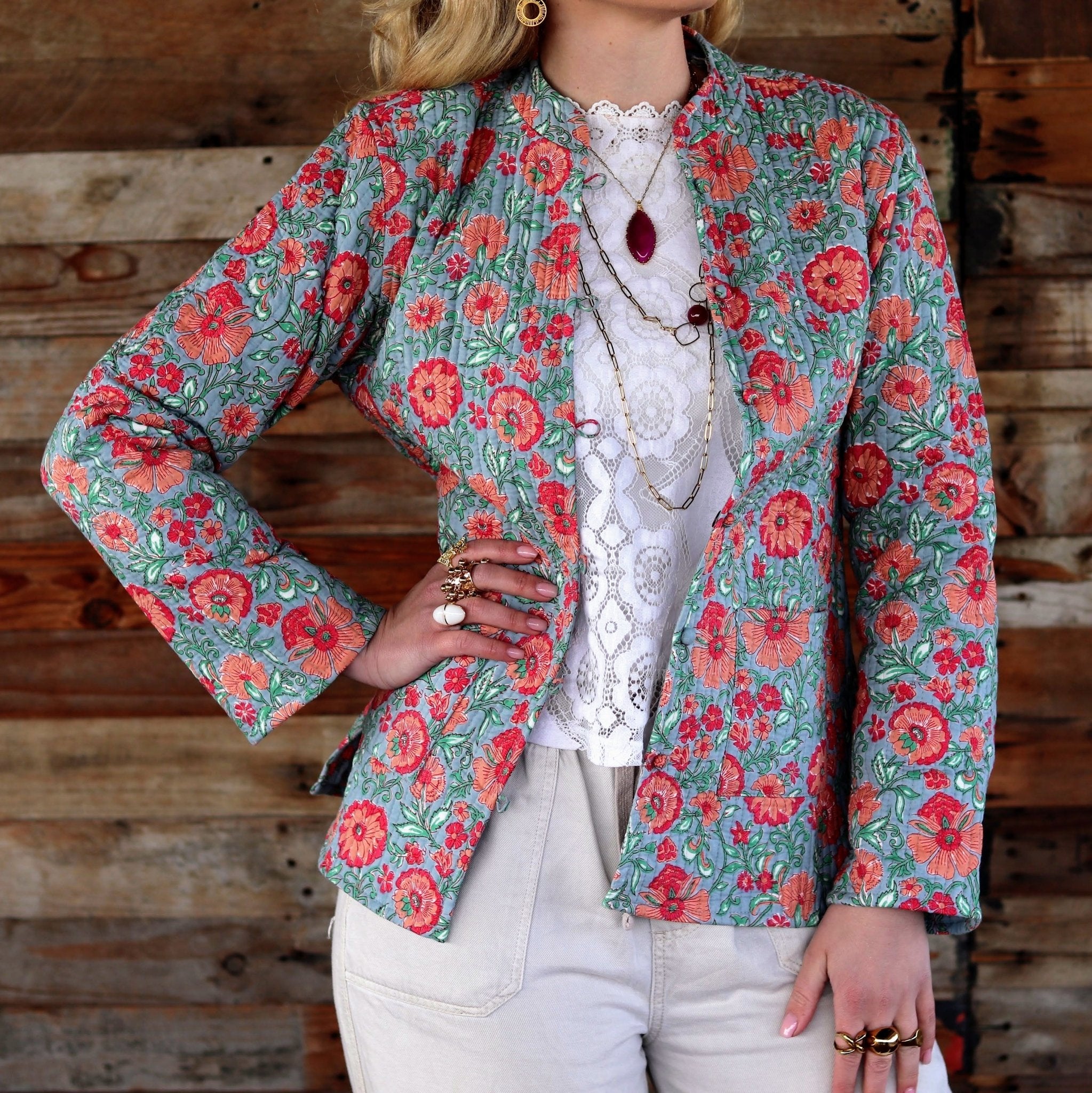 Reversible Jacket in Peachy Botanical- Handmade Jewellery - i am boho