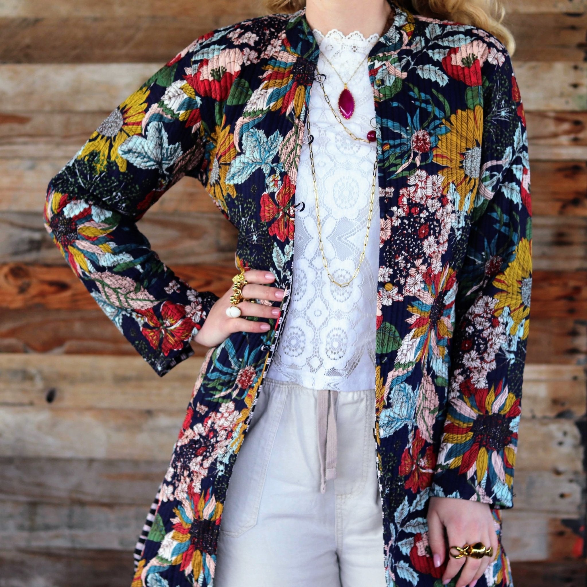 Reversible Quilted Coat in Navy Botanical- Handmade Jewellery - i am boho