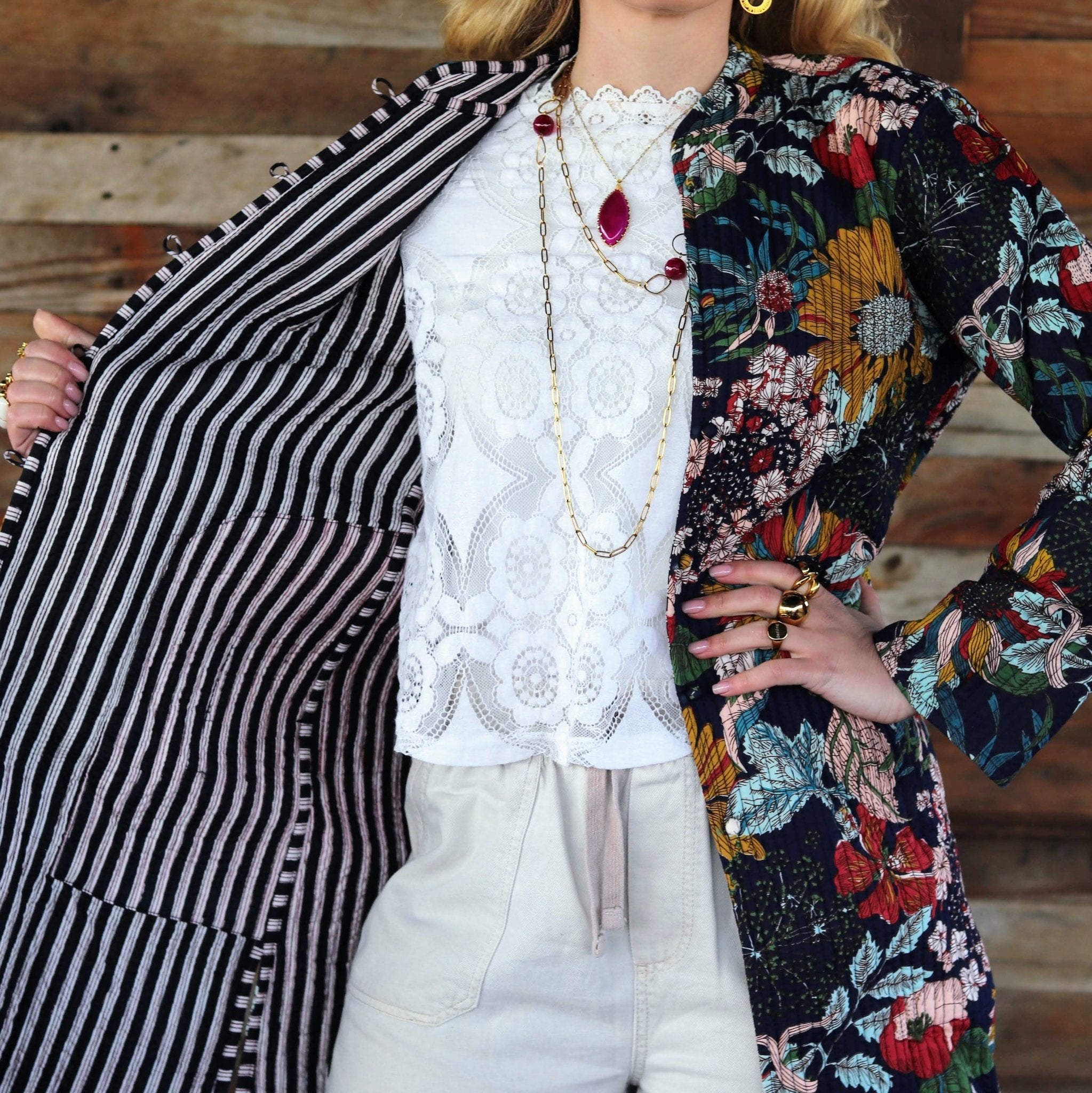 Reversible Quilted Coat in Navy Botanical- Handmade Jewellery - i am boho