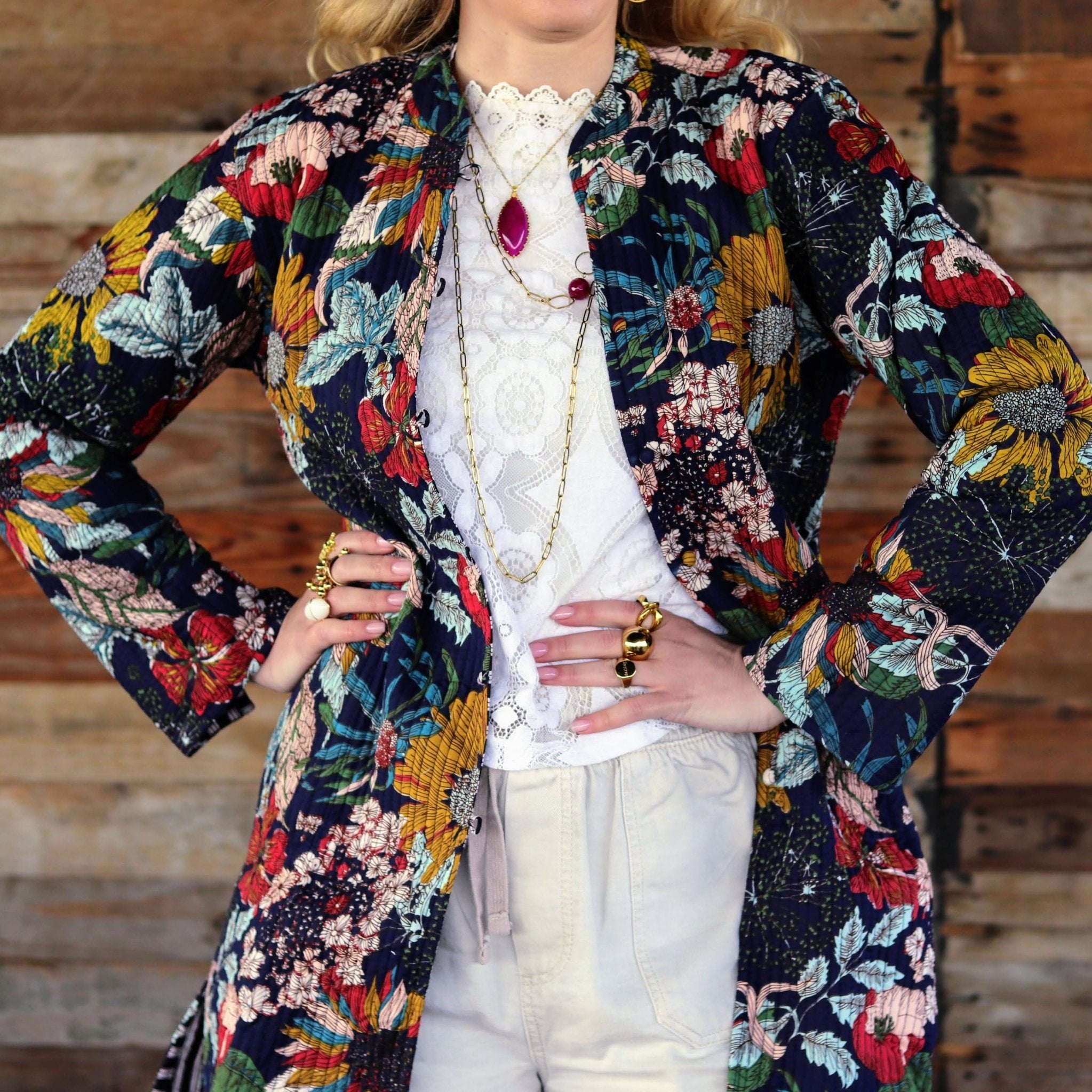 Reversible Quilted Coat in Navy Botanical- Handmade Jewellery - i am boho