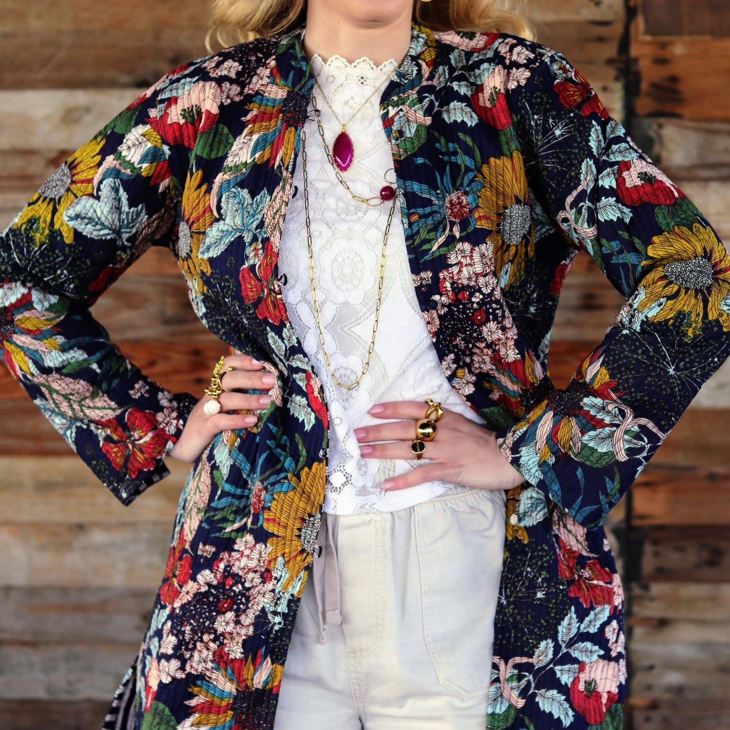 Reversible Quilted Coat in Navy Botanical- Handmade Jewellery - i am boho