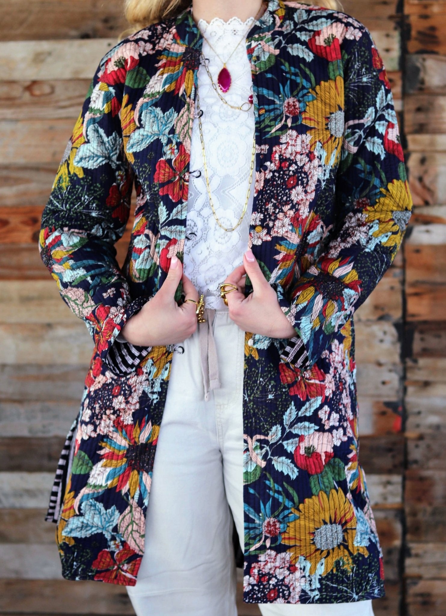 Reversible Quilted Coat in Navy Botanical- Handmade Jewellery - i am boho
