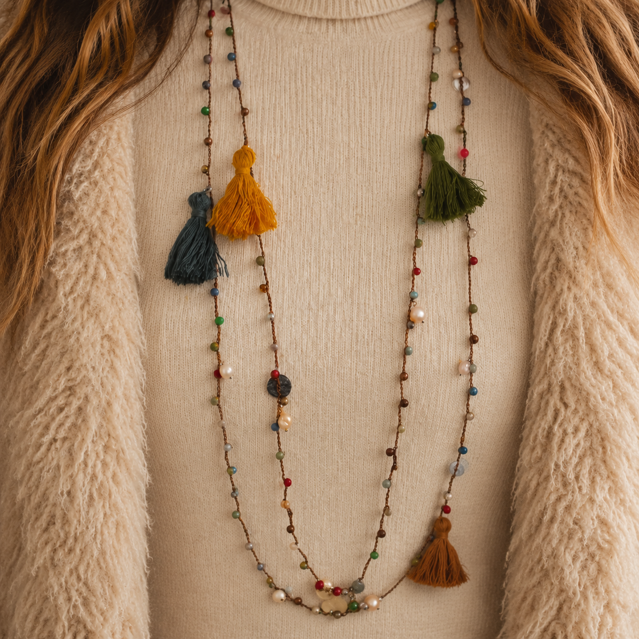 Necklace with tassels worn by a person in a beige sweater