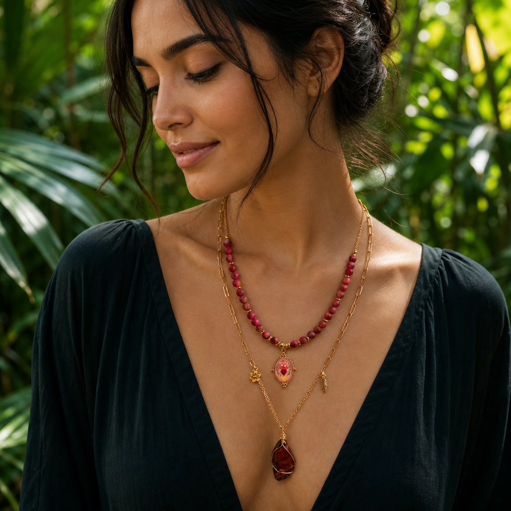 Woman wearing a gold necklace with red beads against a green leafy background