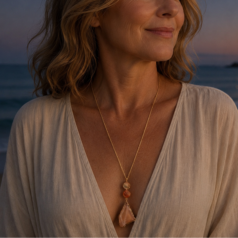 A woman with wavy light brown hair wearing a cream-colored V-neck top and a gold beaded necklace, standing on a beach at dusk with the ocean, shoreline, and a full moon in the background.