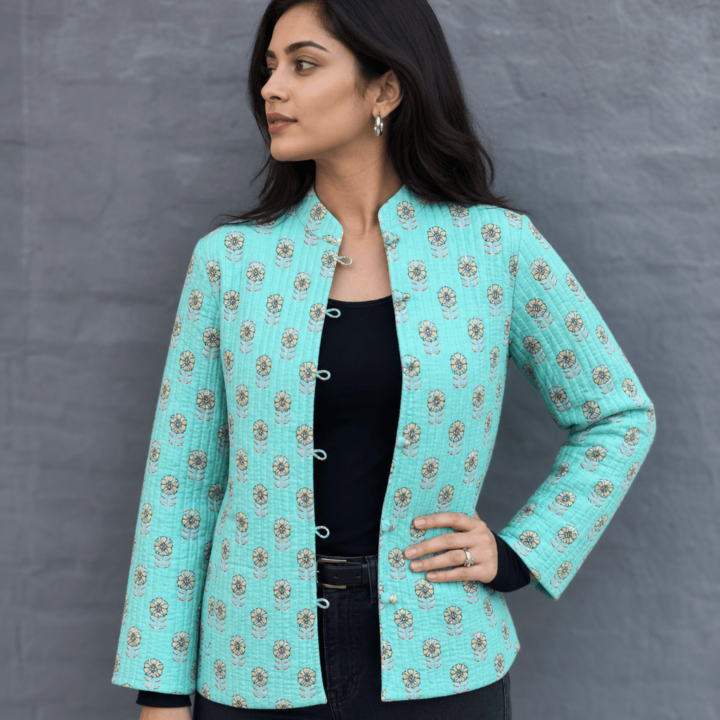 Reversible Quilted Jacket in Turquoise Floral - Handmade Jewellery - i am boho