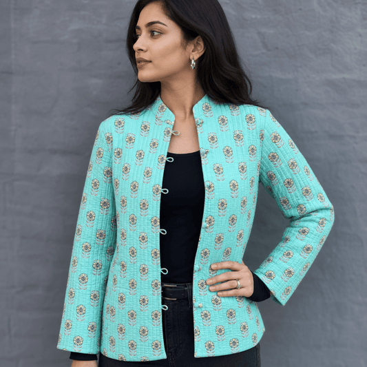 Reversible Quilted Jacket in Turquoise Floral - Handmade Jewellery - i am boho