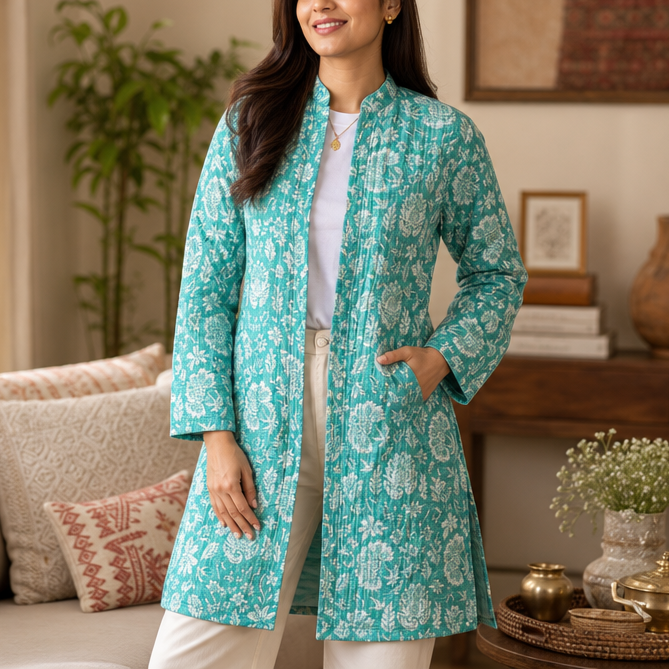 Reversible Quilted Coat in Turquoise Botanical