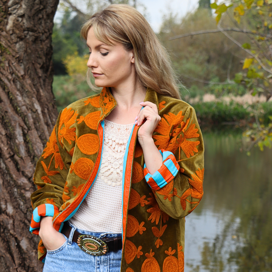 Poppy Velvet Jacket in Green & Tangerine