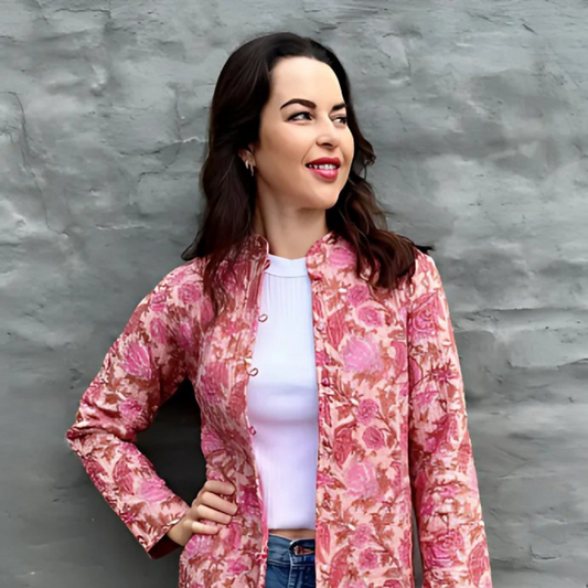 Long Quilted Jacket in Pink Botanical