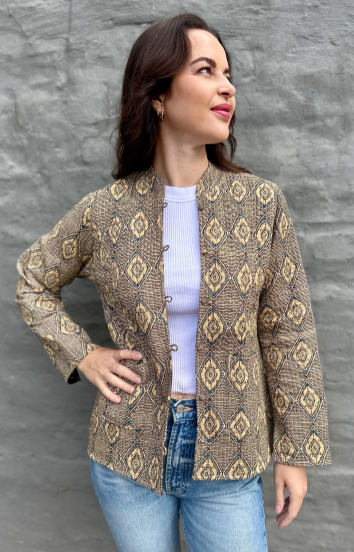 Long Quilted Jacket in Tribal Sand