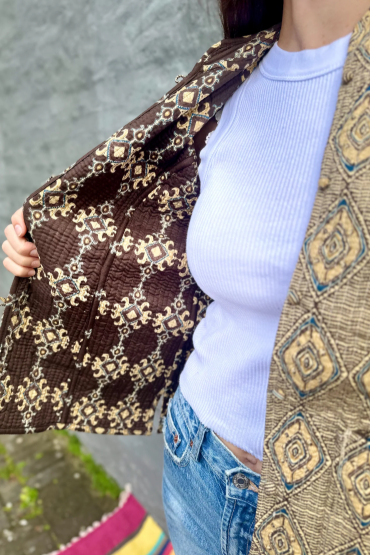 Long Quilted Jacket in Tribal Sand