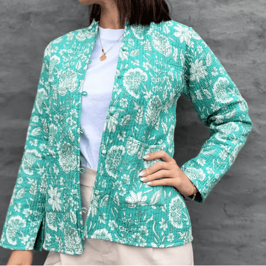 Reversible Jacket in Turquoise Botanical - Handmade Jewellery - i am boho