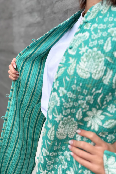 Reversible Quilted Coat in Turquoise Botanical