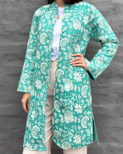 Reversible Quilted Coat in Turquoise Botanical
